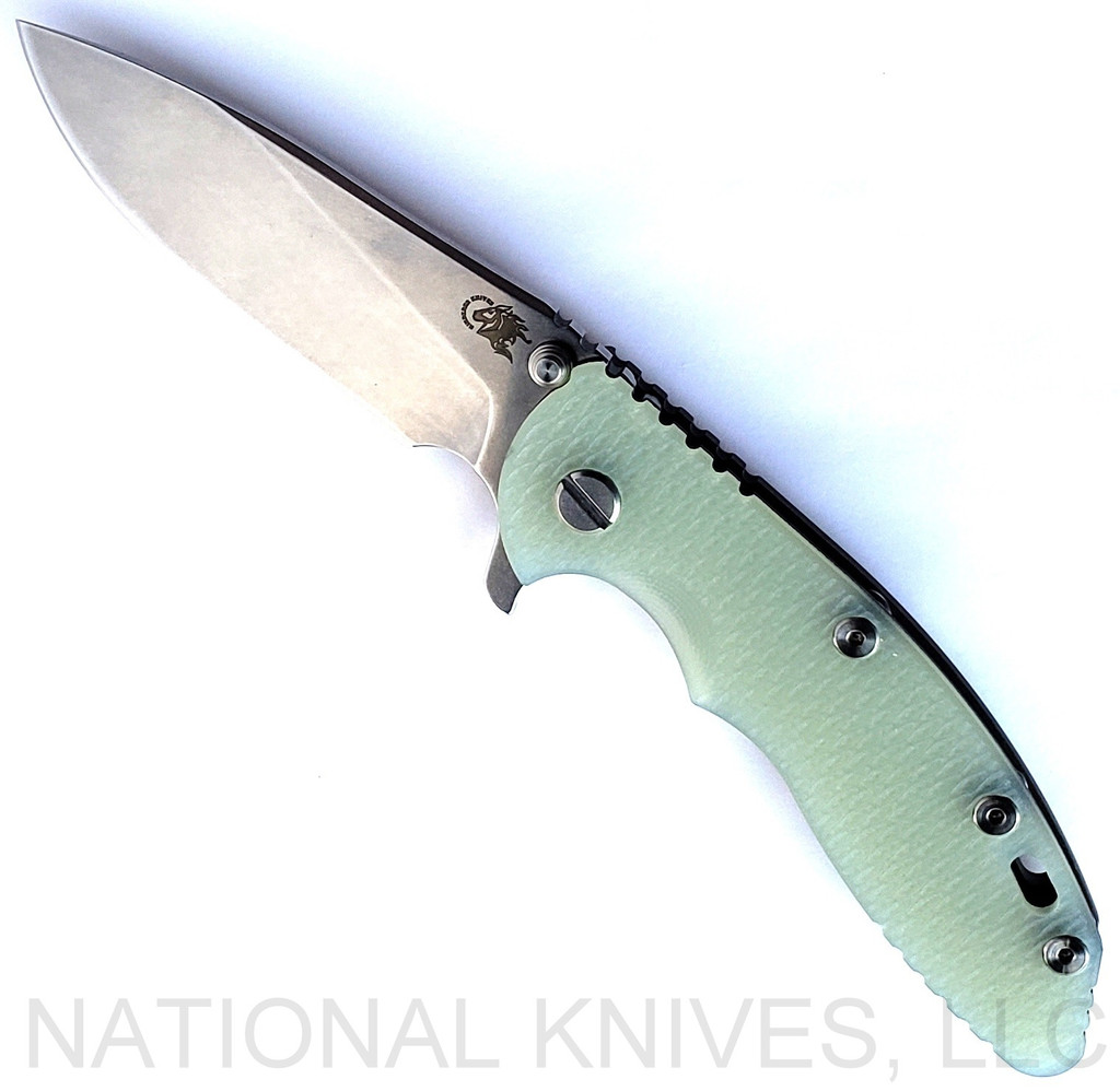 Rick Hinderer Knives XM-18 Slicer Stonewash 3.5" S45VN Battle Bronze L/S Translucent Green G-10