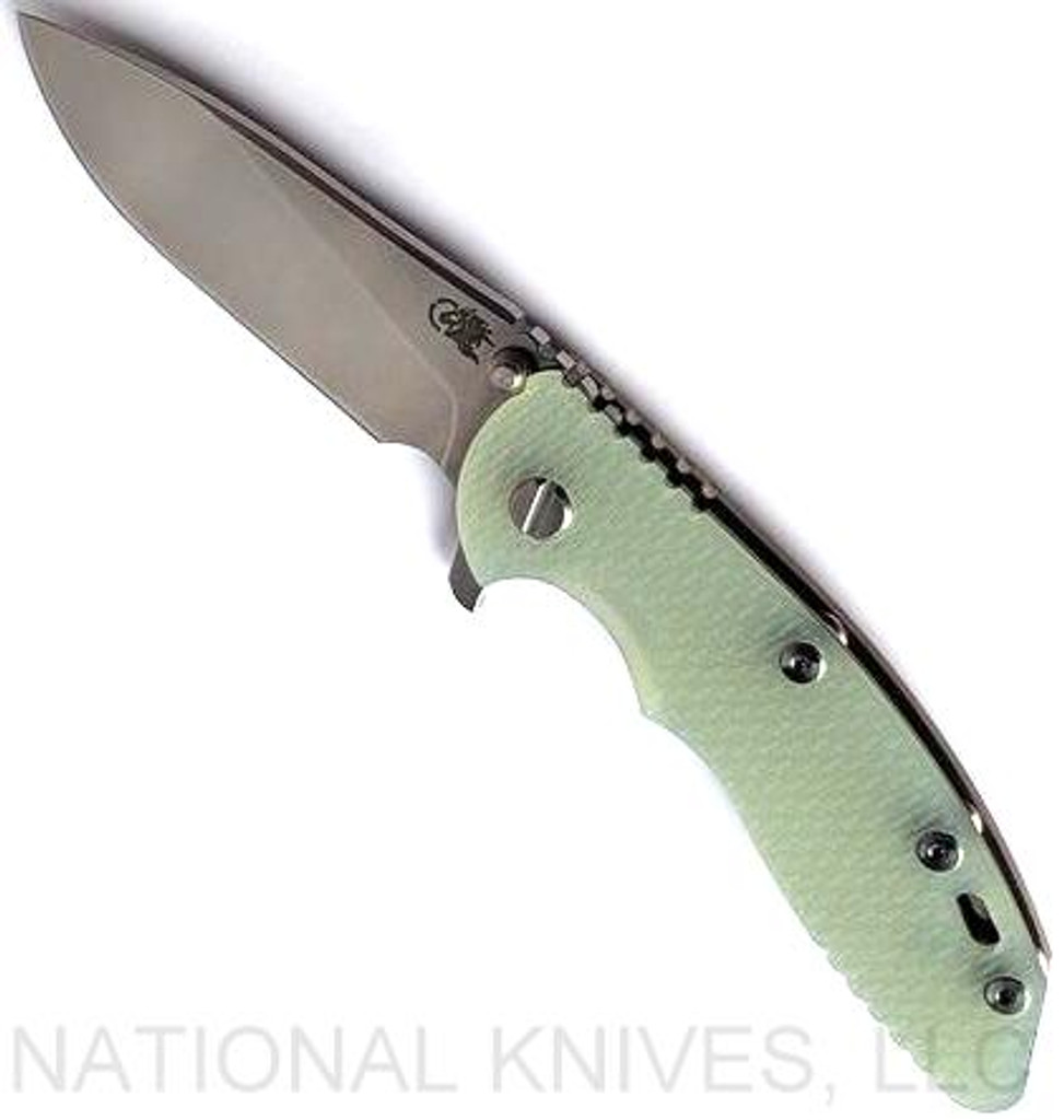 Rick Hinderer Knives XM18 Slicer Stonewash 3.5" S45VN Stonewash Bronze L/S Translucent Green G-10