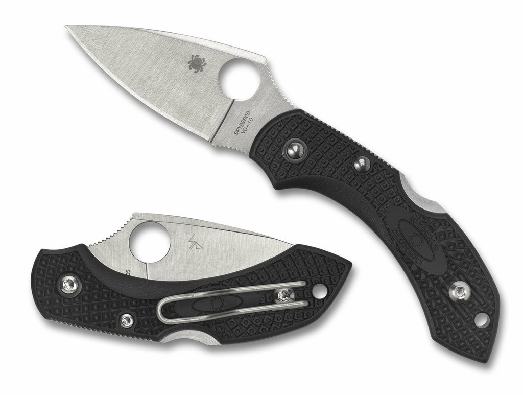 Spyderco Dragonfly 2 folding knife with thumb hole - shown open presentation side and closed pocket clip side.  Satin VG-10 stainless steel plain edge blade.  Black FRN handle.  Model C28PBK2.