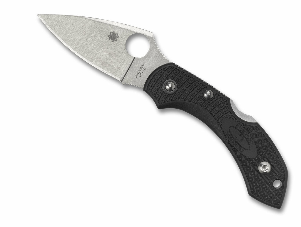 Spyderco Dragonfly 2 folding knife with thumb hole - shown open presentation side.  Satin VG-10 stainless steel plain edge blade.  Black FRN handle.  Model C28PBK2.