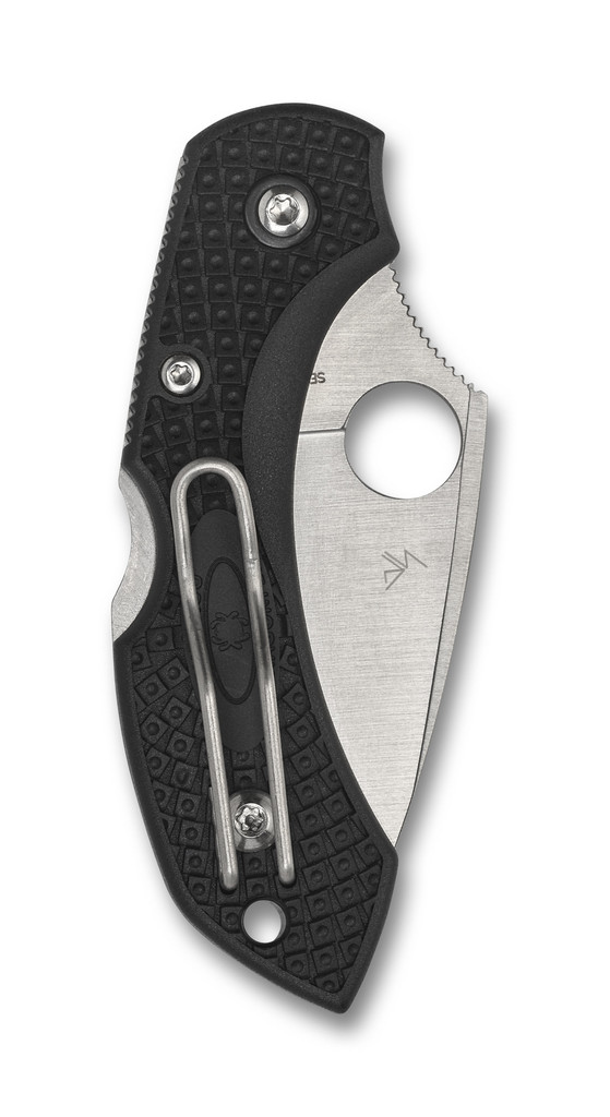 Spyderco Dragonfly 2 folding knife with thumb hole - shown closed pocket clip side.  Satin VG-10 stainless steel plain edge blade.  Black FRN handle.  Model C28PBK2.