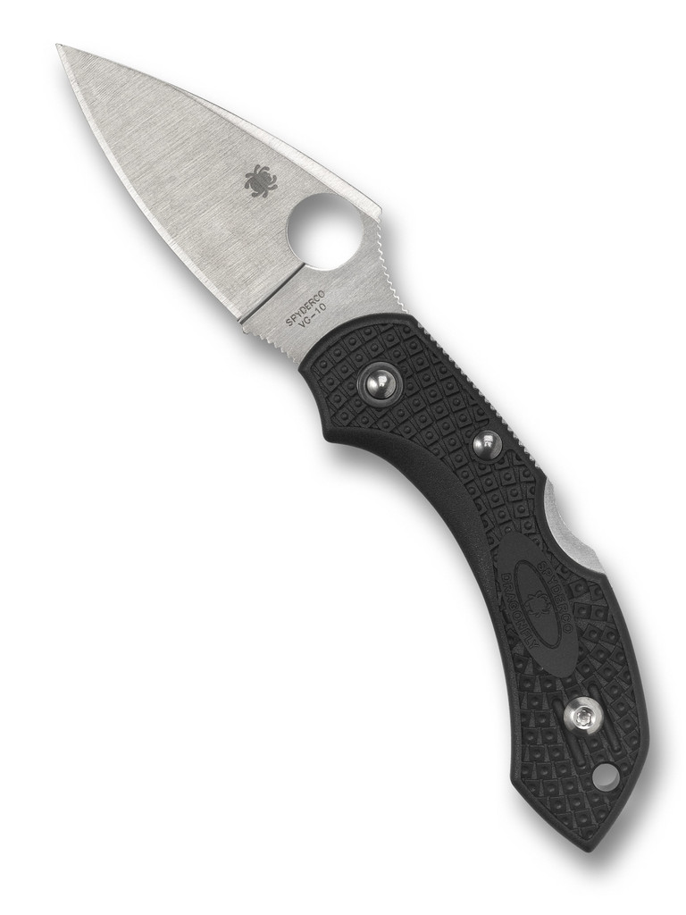 Spyderco Dragonfly 2 folding knife with thumb hole - shown open presentation side.  Satin VG-10 stainless steel plain edge blade.  Black FRN handle.  Model C28PBK2.