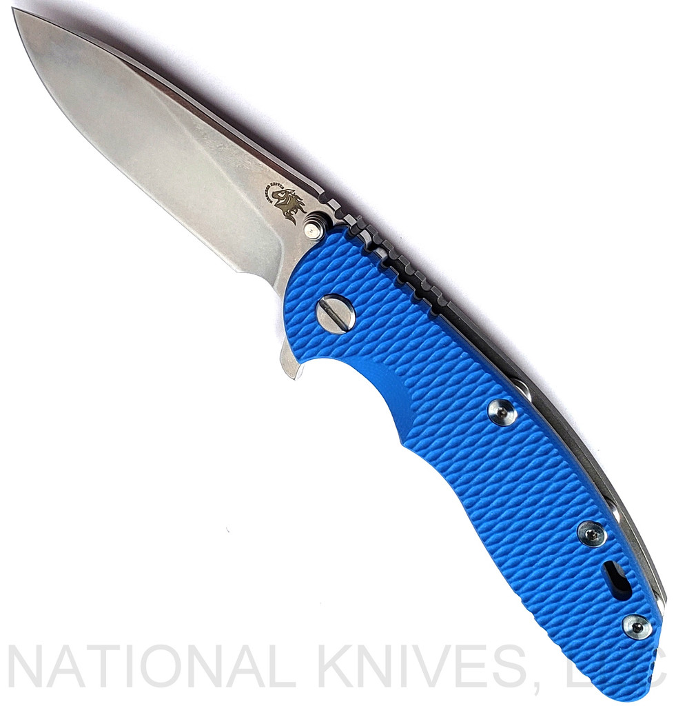 Rick Hinderer Knives XM-18 3.5" Slicer folding knife with thumb stud and flipper tab - shown open presentation side.  Stonewash S45VN stainless steel plain edge blade.  Blue G-10 handle with Working Finish lock side.  Model KXM35SL.