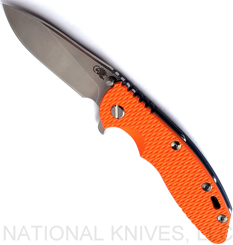 Rick Hinderer Knives XM18 Slicer Stonewash 3.5" S45VN Battle Blue L/S Orange G-10