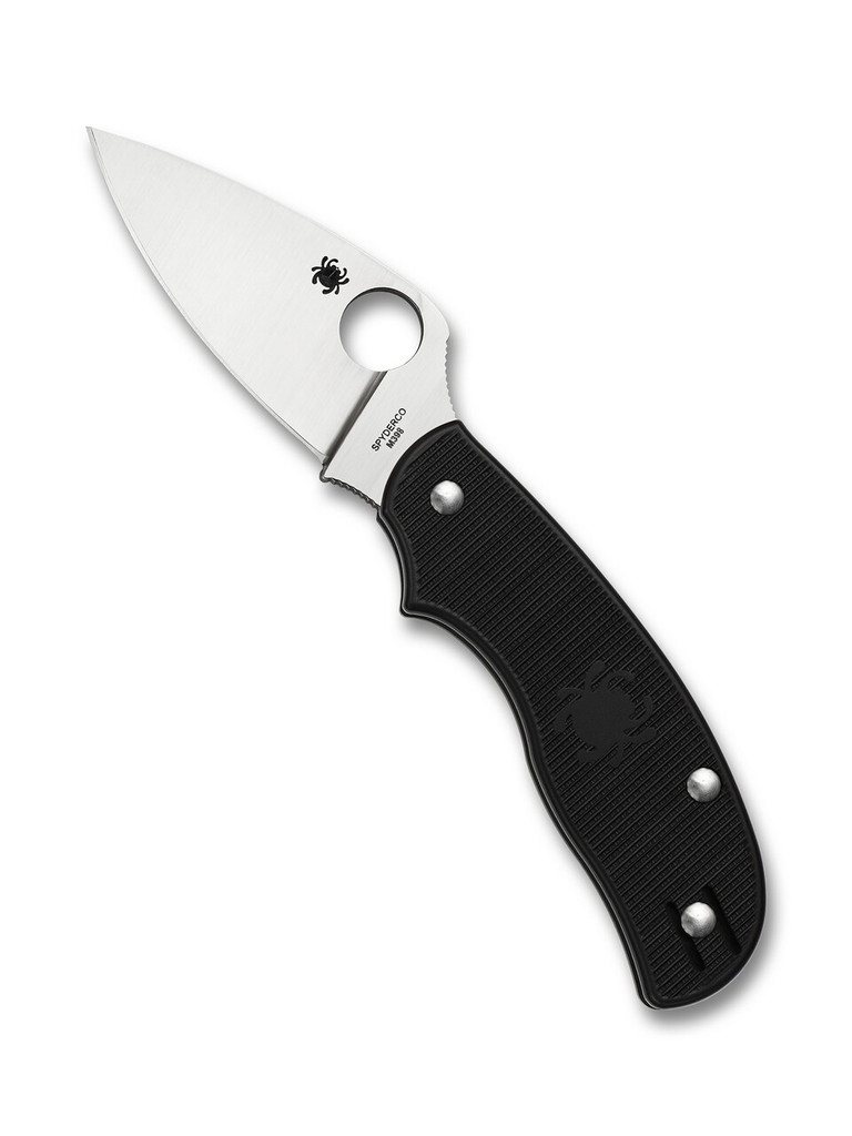 Spyderco Urban Slipit folding knife with thumb hole - shown open presentation side.  Satin M398 stainless steel plain edge blade.  Black FRN handle.  Model C127PBK.