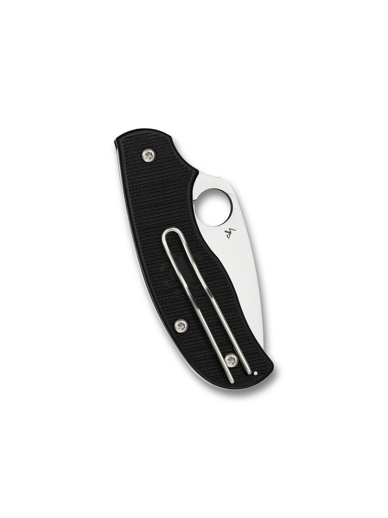 Spyderco Urban Slipit folding knife with thumb hole - shown closed pocket clip side.  Satin M398 stainless steel plain edge blade.  Black FRN handle.  Model C127PBK.