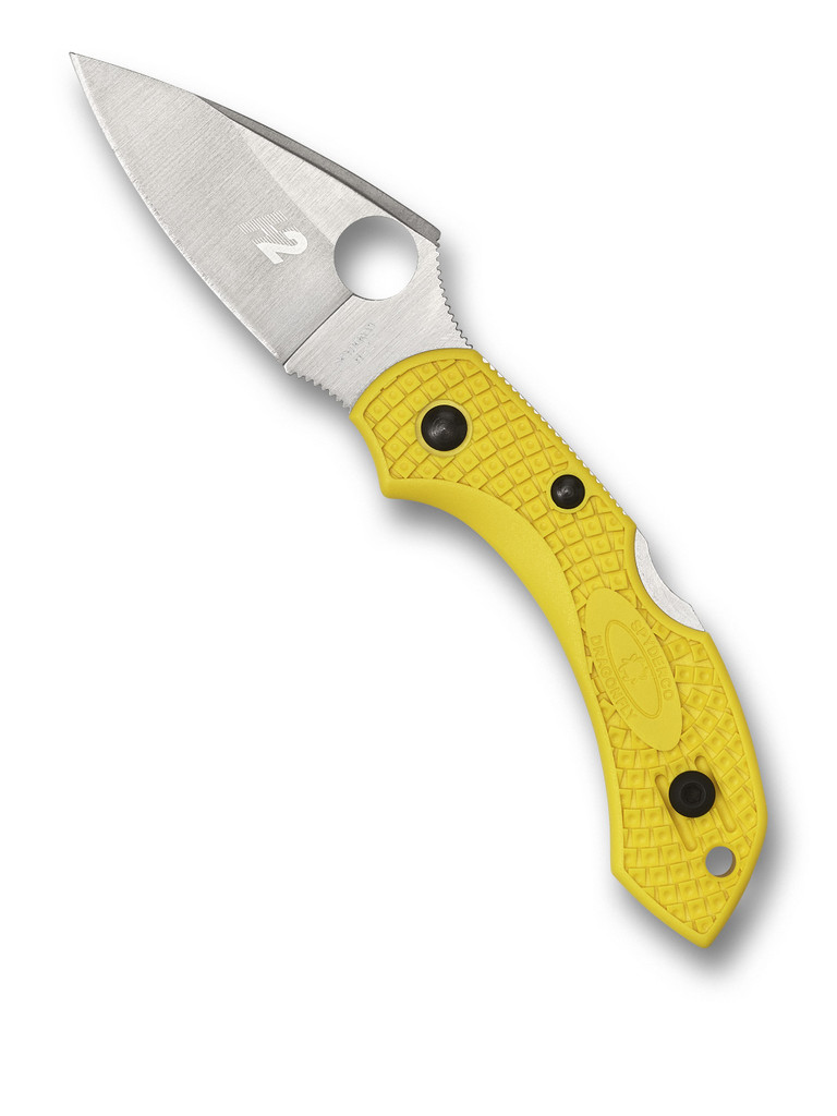 Spyderco Dragonfly 2 Salt folding knife with thumb hole - shown open presentation side.  Satin H-2 stainless steel plain edge blade.  Yellow FRN handle.  Model C28PYL2.