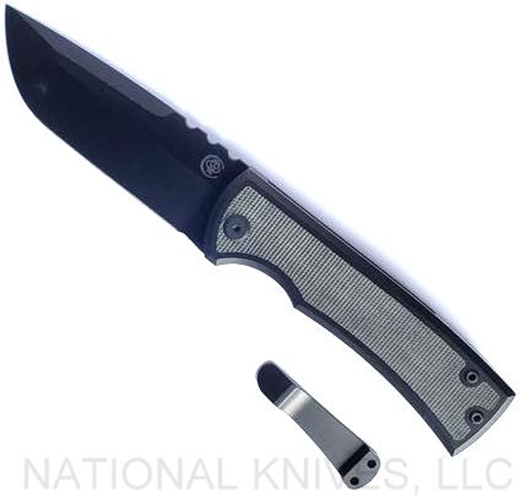 Chaves Knives Redencion 229 Drop Point folding knife with flipper tab - shown open presentation side with extra pocket clip aside it.  Black M390 stainless steel plain edge blade.  Titanium handle with large black Micarta inlay.  Model 229/KS/DP/LGBKMC.