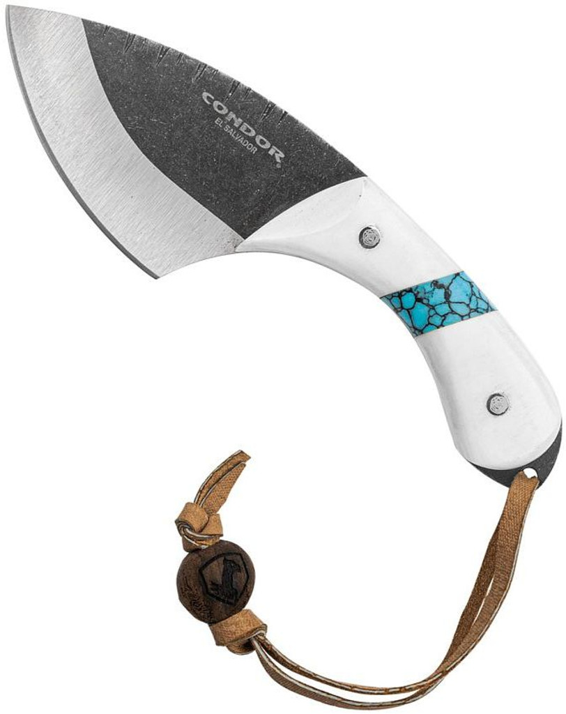Condor Tool and Knife Blue River Skinner fixed blade knife - shown out of sheath obverse.  440C stainless steel plain edge blade.  White Micarta handle.  Model CTK112-3.5-4CPM.