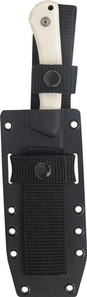 Condor Tool and Knife Sport X.E.R.O. Risk fixed blade knife - shown in sheath obverse.  14C28N stainless steel plain edge blade.  White Micarta handle.  Model CTK2858-4.20SK.