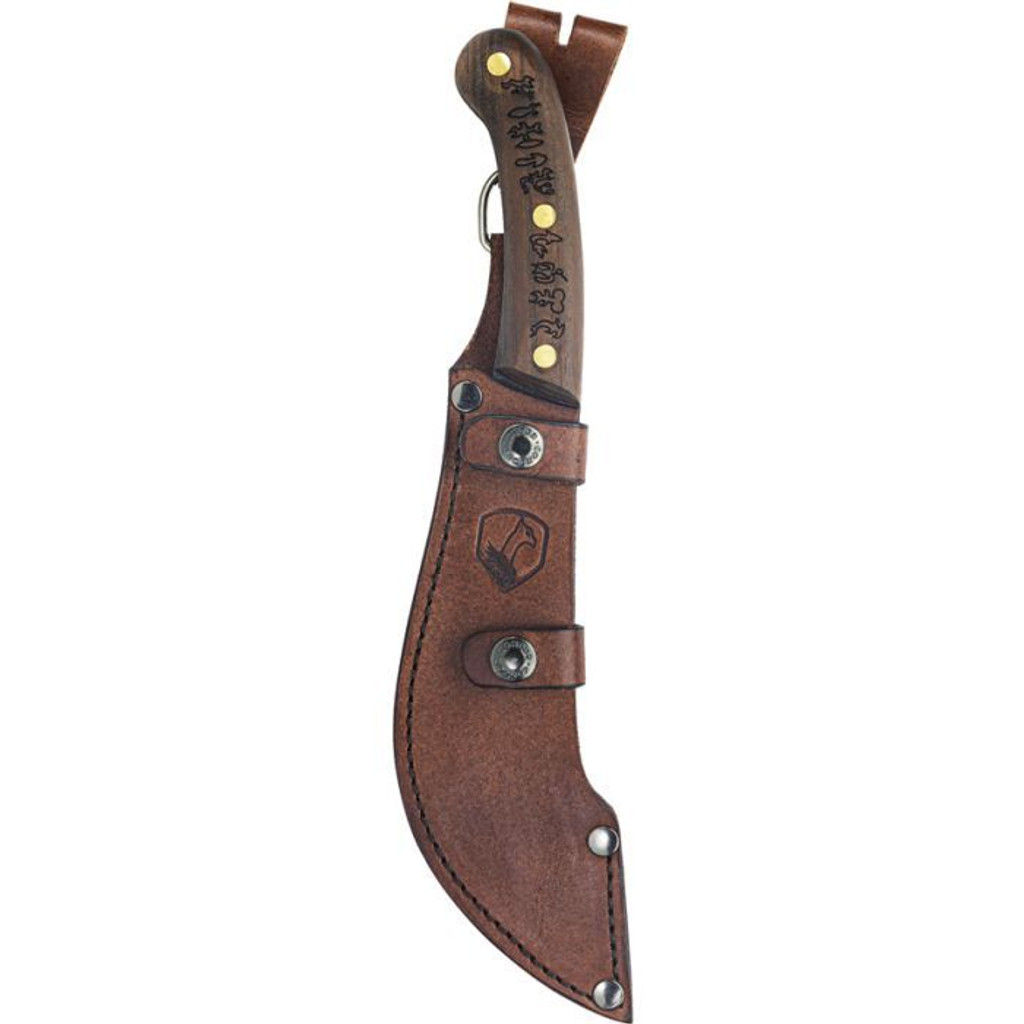Condor Tool and Knife Matato'a fixed blade knife - shown in sheath obverse.  1095 HC steel plain edge blade.  Wood handle.  Model CTK3976-7.12HC.