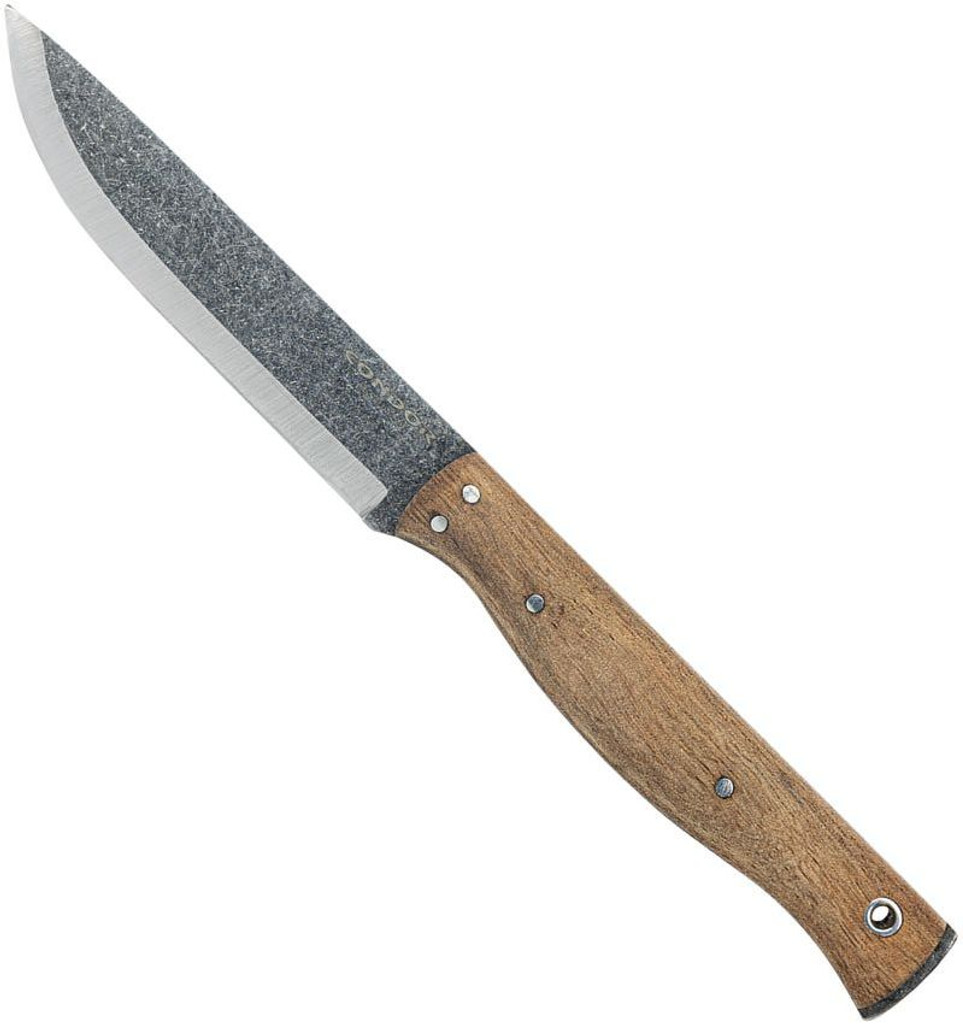 Condor Tool and Knife Narrowsaur fixed blade knife - shown out of sheath reverse.  1095 HC steel plain edge blade.  Wood handle.  Model CTK3971-4.22HC.