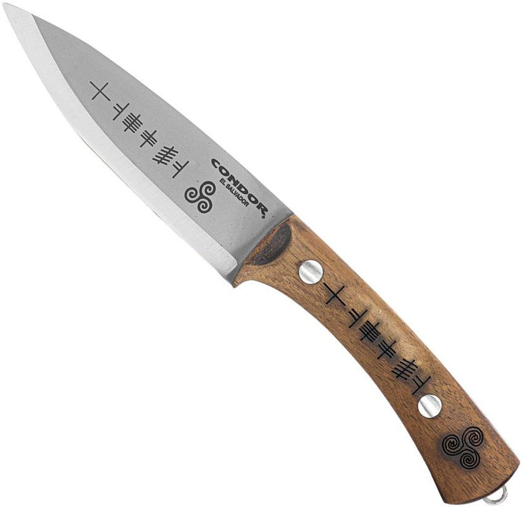 Condor Tool and Knife Druid fixed blade knife - shown out of sheath reverse.  1095 HC steel plain edge blade.  Wood handle.  Model CTK3974-4.5HC.