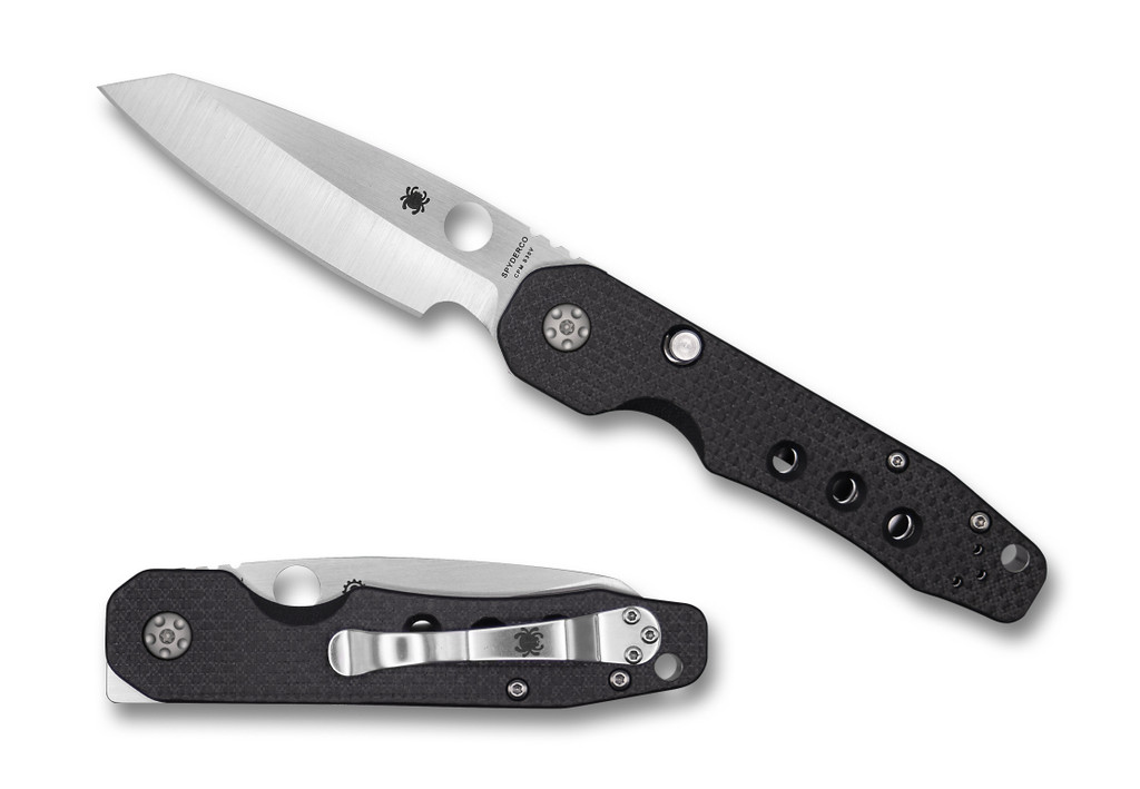 Spyderco Smock folding knife with thumb hole and flipper - shown open presentation side and closed pocket clip side.  Satin S30V stainless steel plain edge blade.  Black carbon fiber and G-10 laminate handle.  Model C240CFP.