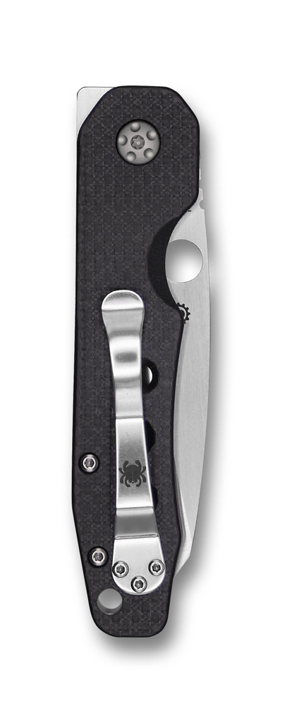 Spyderco Smock folding knife with thumb hole and flipper - shown closed pocket clip side.  Satin S30V stainless steel plain edge blade.  Black carbon fiber and G-10 laminate handle.  Model C240CFP.