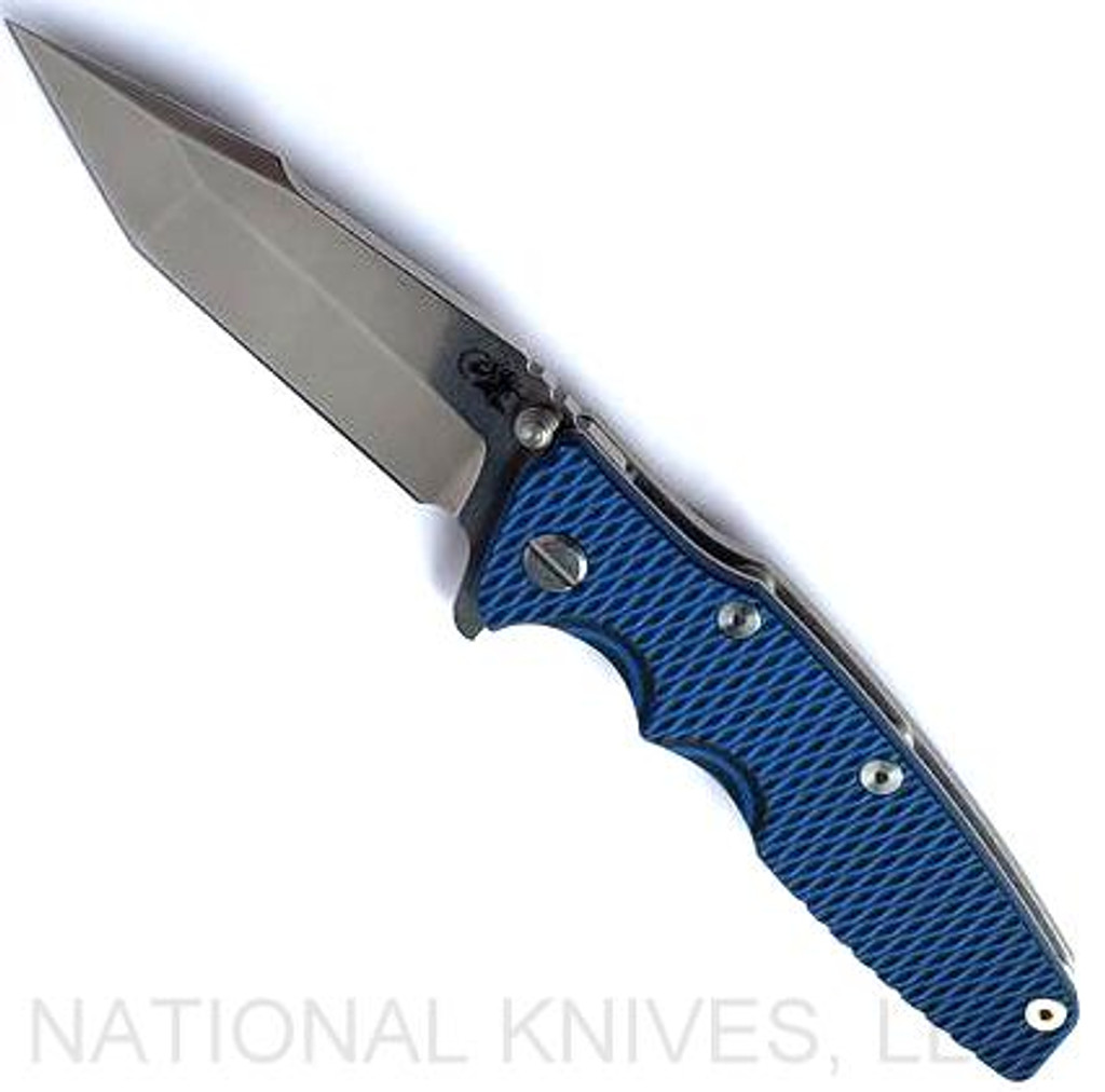 Rick Hinderer Knives Eklipse Harpoon Tanto folding knife with flipper tab and thumb stud - shown open presentation side.  Stonewash S45VN stainless steel plain edge blade.  Blue - black G-10 handle with stonewash lock side.  Model KEK35HT.