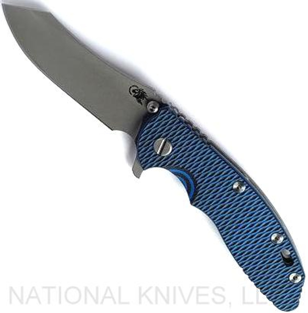 Rick Hinderer Knives XM-18 3.5" Skinner folding knife with thumb stud and flipper tab - shown open presentation side.  Working Finish S45VN stainless steel plain edge blade.  Blue - black G-10 handle with Working Finish lock side.  Model KXM35SKINNER.