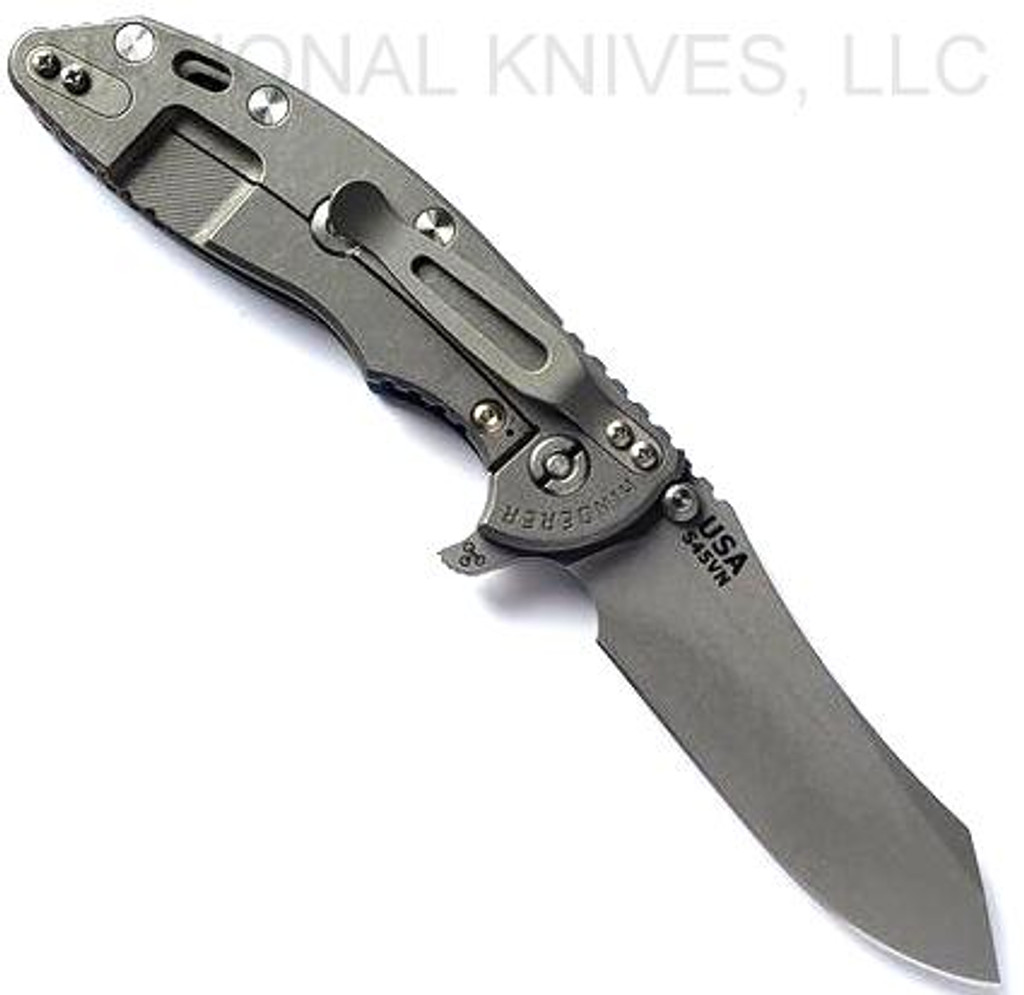 Rick Hinderer Knives XM-18 3.5" Skinner folding knife with thumb stud and flipper tab - shown open lock side.  Working Finish S45VN stainless steel plain edge blade.  Blue - black G-10 handle with Working Finish lock side.  Model KXM35SKINNER.