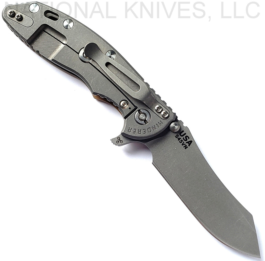 Rick Hinderer Knives XM-18 3.5" Skinner folding knife with thumb stud and flipper tab - shown open lock side.  Working Finish S45VN stainless steel plain edge blade.  Coyote G-10 handle with Working Finish lock side.  Model KXM35SKINNER.