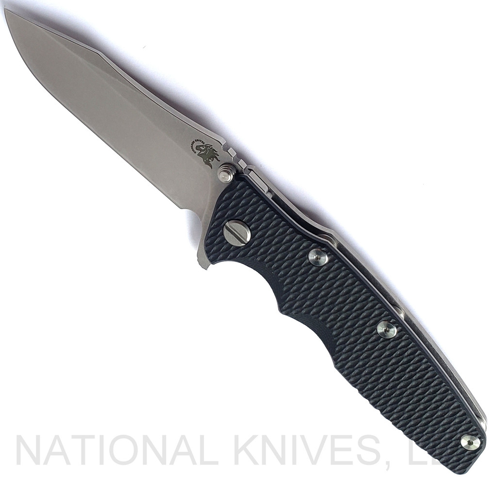 Rick Hinderer Knives Eklipse Spear Point folding knife with flipper tab and thumb stud - shown open presentation side.  Stonewash S45VN stainless steel plain edge blade.  Black G-10 handle with stonewash lock side.  Model KEK35SPE.