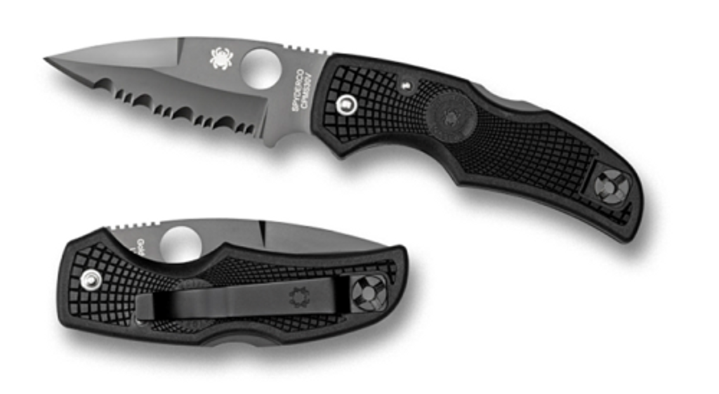Spyderco Native folding knife with thumb hole - shown open presentation side and closed pocket clip side.  Black S30V stainless steel combo edge blade.  Black FRN handle.  Model C41PSBBK.
For reference only.