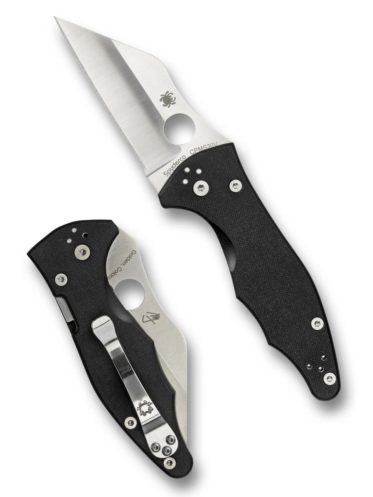 Spyderco Yojimbo 2 folding knife with thumb hole - shown open presentation side and closed pocket clip side.  Satin S30V stainless steel plain edge blade.  Black G-10 handle. Model C85GP2.
