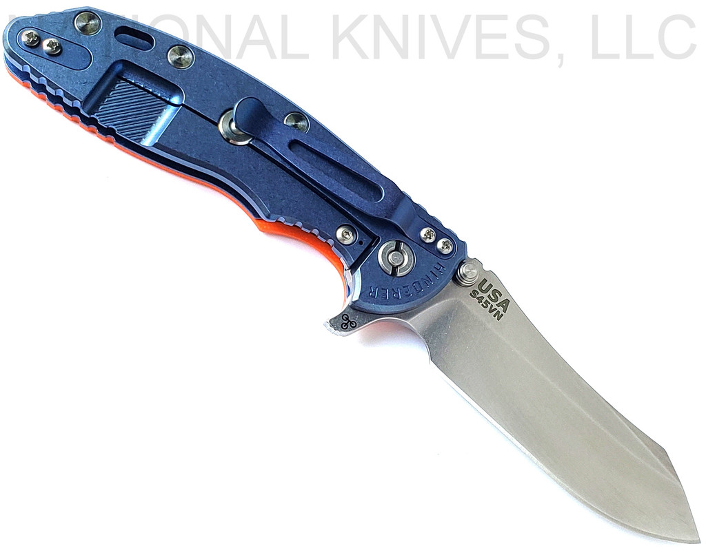 Rick Hinderer Knives XM-18 3.5" Skinner folding knife with thumb stud and flipper tab - shown open lock side.  Stonewash S45VN stainless steel plain edge blade.  Orange G-10 handle with stonewash blue lock side.  Model KXM35SKINNER.