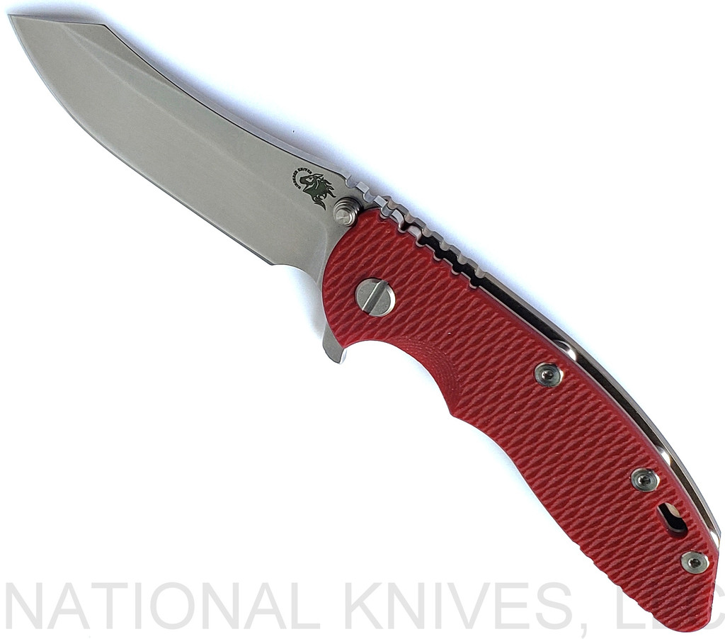 Rick Hinderer Knives XM-18 3.5" Skinner folding knife with thumb stud and flipper tab - shown open presentation side.  Stonewash S45VN stainless steel plain edge blade.  Red G-10 handle with stonewash bronze lock side.  Model KXM35SKINNER.