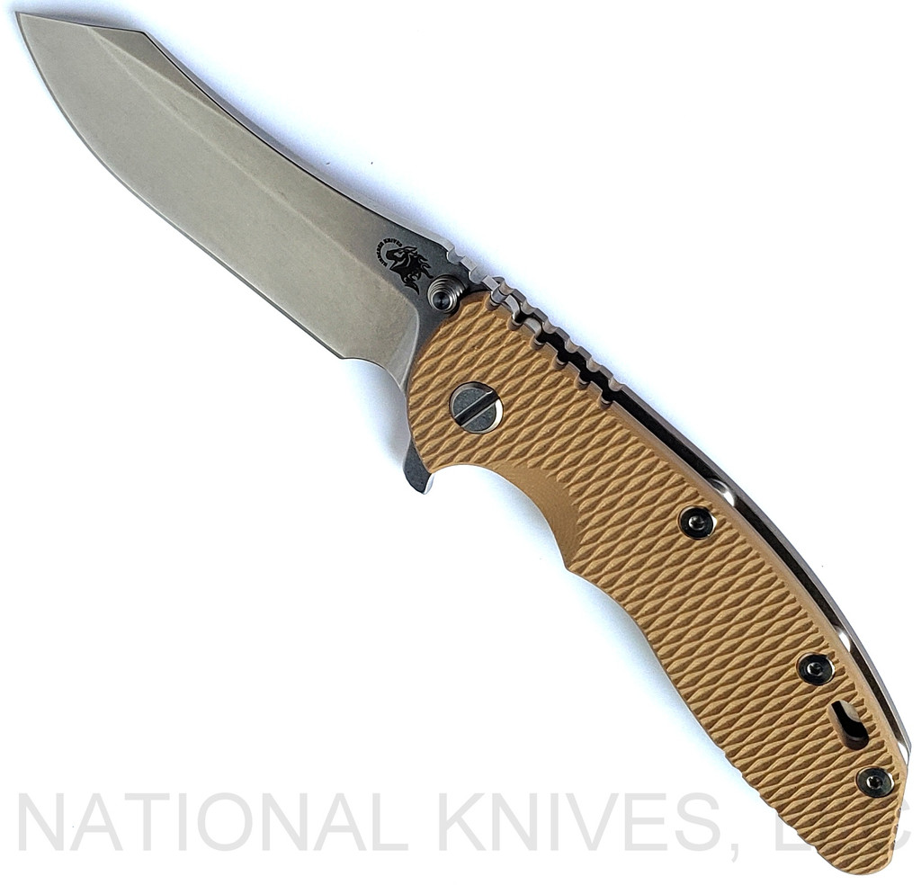 Rick Hinderer Knives XM-18 3.5" Skinner folding knife with thumb stud and flipper tab - shown open presentation side.  Stonewash S45VN stainless steel plain edge blade.  Coyote G-10 handle with stonewash bronze lock side.  Model KXM35SKINNER.