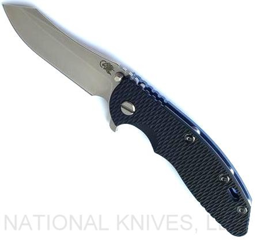 Rick Hinderer Knives XM-18 3.5" Skinner folding knife with thumb stud and flipper tab - shown open presentation side.  Stonewash S45VN stainless steel plain edge blade.  Black G-10 handle with stonewash blue lock side.  Model KXM35SKINNER.