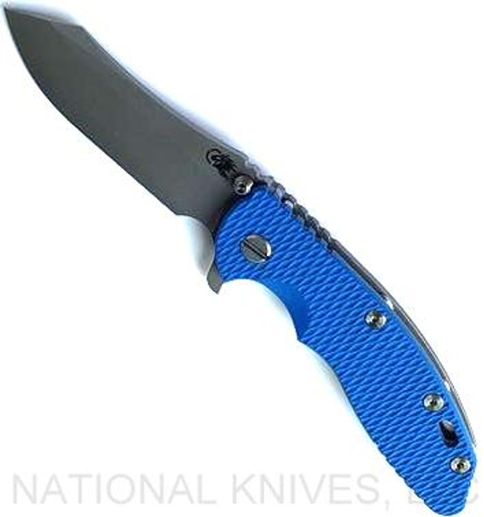 Rick Hinderer Knives XM-18 3.5" Skinner folding knife with thumb stud and flipper tab - shown open presentation side.  Working Finish S45VN stainless steel plain edge blade.  Blue G-10 handle with Working Finish lock side.  Model KXM35SKINNER.
