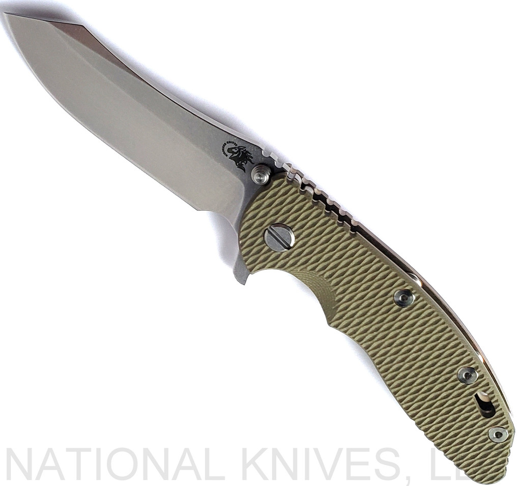 Rick Hinderer Knives XM-18 3.5" Skinner folding knife with thumb stud and flipper tab - shown open presentation side.  Stonewash S45VN stainless steel plain edge blade.  OD green G-10 handle with stonewash bronze lock side.  Model KXM35SKINNER.