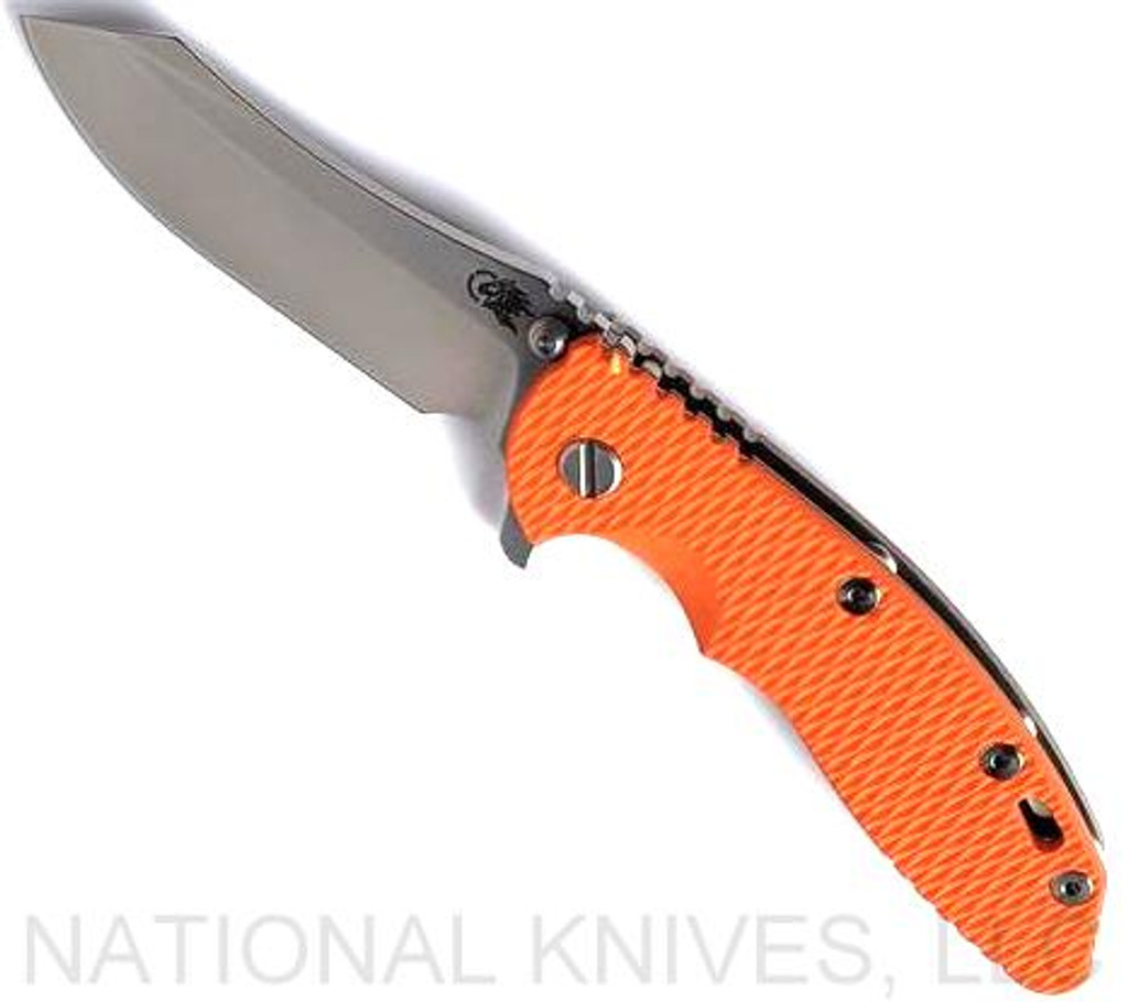 Rick Hinderer Knives XM-18 3.5" Skinner folding knife with thumb stud and flipper tab - shown open presentation side.  Stonewash S45VN stainless steel plain edge blade.  Orange G-10 handle with stonewash bronze lock side.  Model KXM35SKINNER.