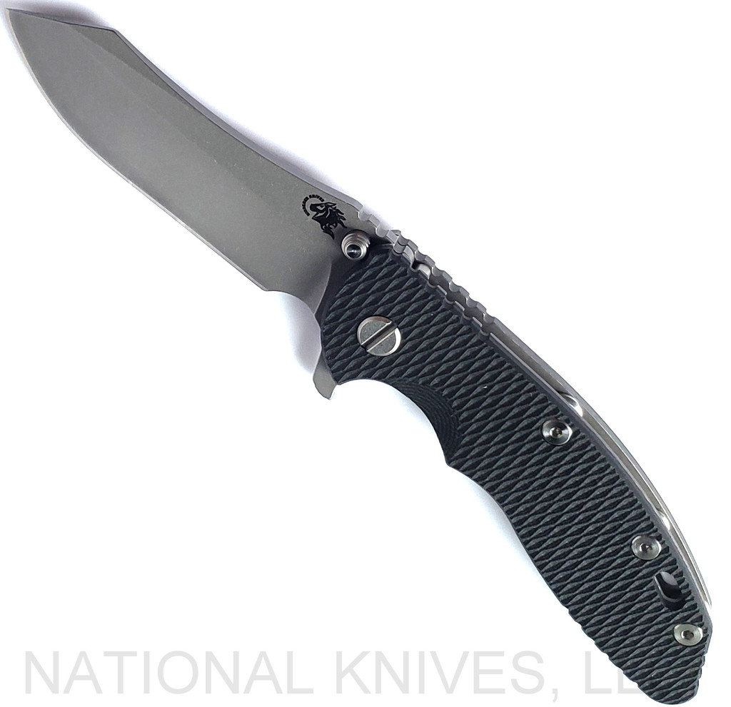 Rick Hinderer Knives XM-18 3.5" Skinner folding knife with thumb stud and flipper tab - shown open presentation side.  Working Finish S45VN stainless steel plain edge blade.  Black G-10 handle with Working Finish lock side.  Model KXM35SKINNER.