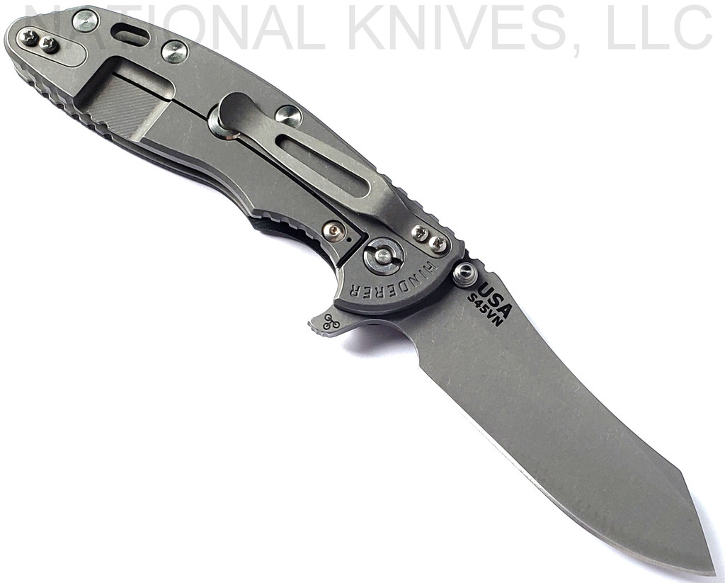 Rick Hinderer Knives XM-18 3.5" Skinner folding knife with thumb stud and flipper tab - shown open lock side.  Working Finish S45VN stainless steel plain edge blade.  Black G-10 handle with Working Finish lock side.  Model KXM35SKINNER.
