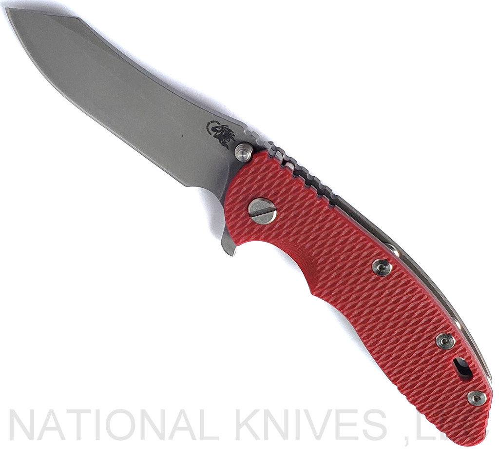 Rick Hinderer Knives XM-18 3.5" Skinner folding knife with thumb stud and flipper tab - shown open presentation side.  Working Finish S45VN stainless steel plain edge blade.  Red G-10 handle with Battle Bronze lock side.  Model KXM35SKINNER.