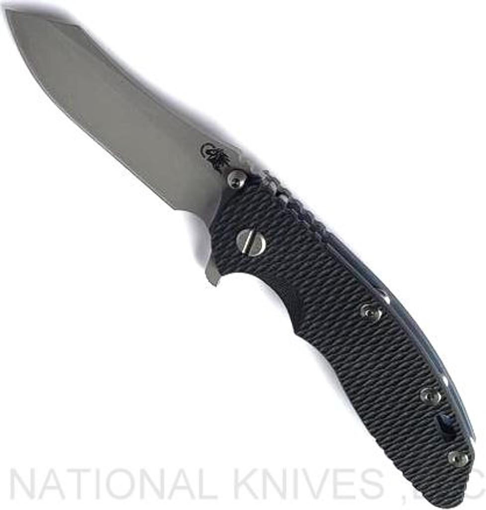 Rick Hinderer Knives XM-18 3.5" Skinner folding knife with thumb stud and flipper tab - shown open presentation side.  Working Finish S45VN stainless steel plain edge blade.  Black G-10 handle with Battle Blue lock side.  Model KXM35SKINNER.