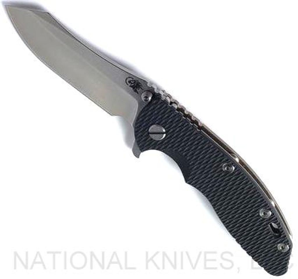 Rick Hinderer Knives XM-18 3.5" Skinner folding knife with thumb stud and flipper tab - shown open presentation side.  Stonewash S45VN stainless steel plain edge blade.  Black G-10 handle with stonewash bronze lock side.  Model KXM35SKINNER.