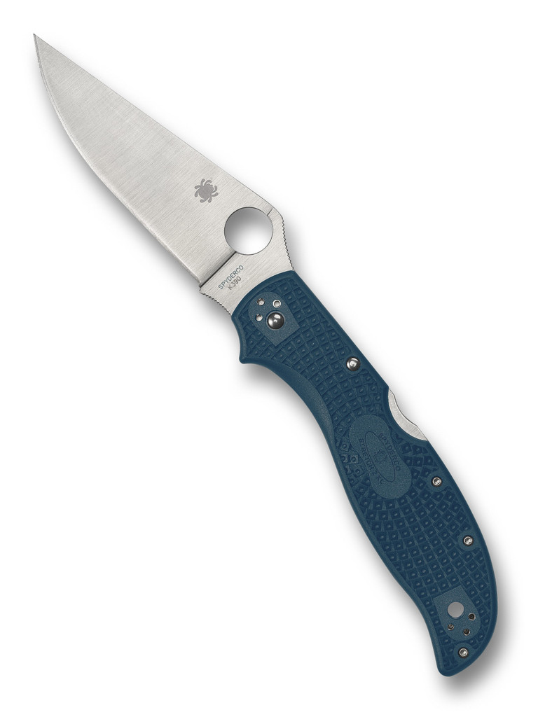 Spyderco Stretch 2 XL folding knife with thumb hole - shown open presentation side.  Satin K390 steel plain edge blade.  Blue FRN handle.  Model C258FPK390.