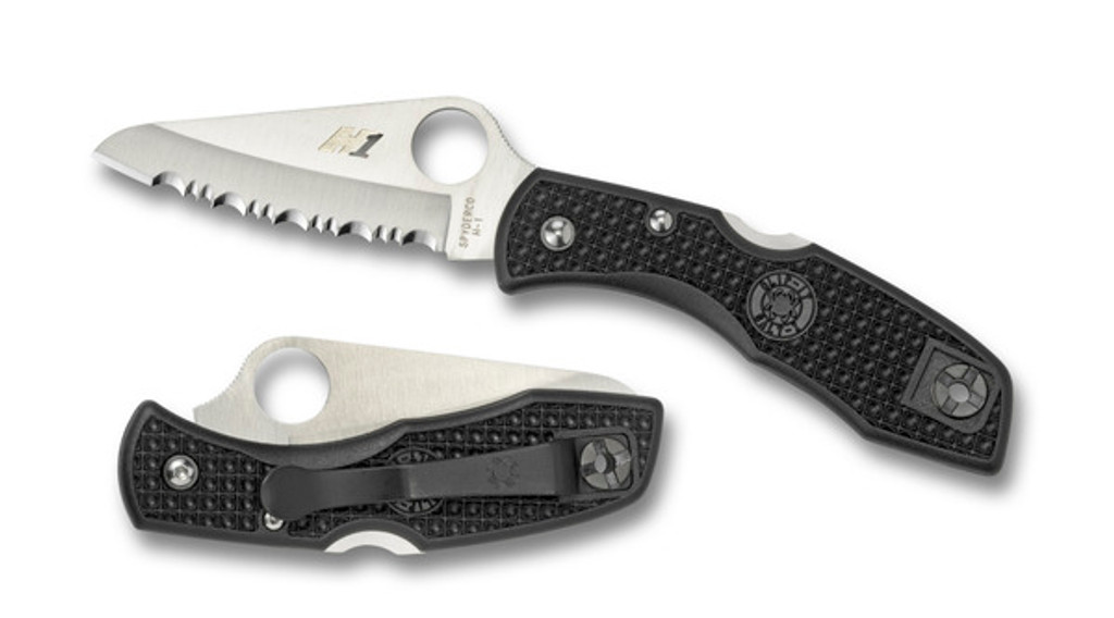 Spyderco Salt 1 folding knife with thumb hole - shown open presentation side and closed pocket clip side.  Satin H-1 stainless steel serrated edge blade.  Black FRN handle. Model C88SBK.
For reference only.
