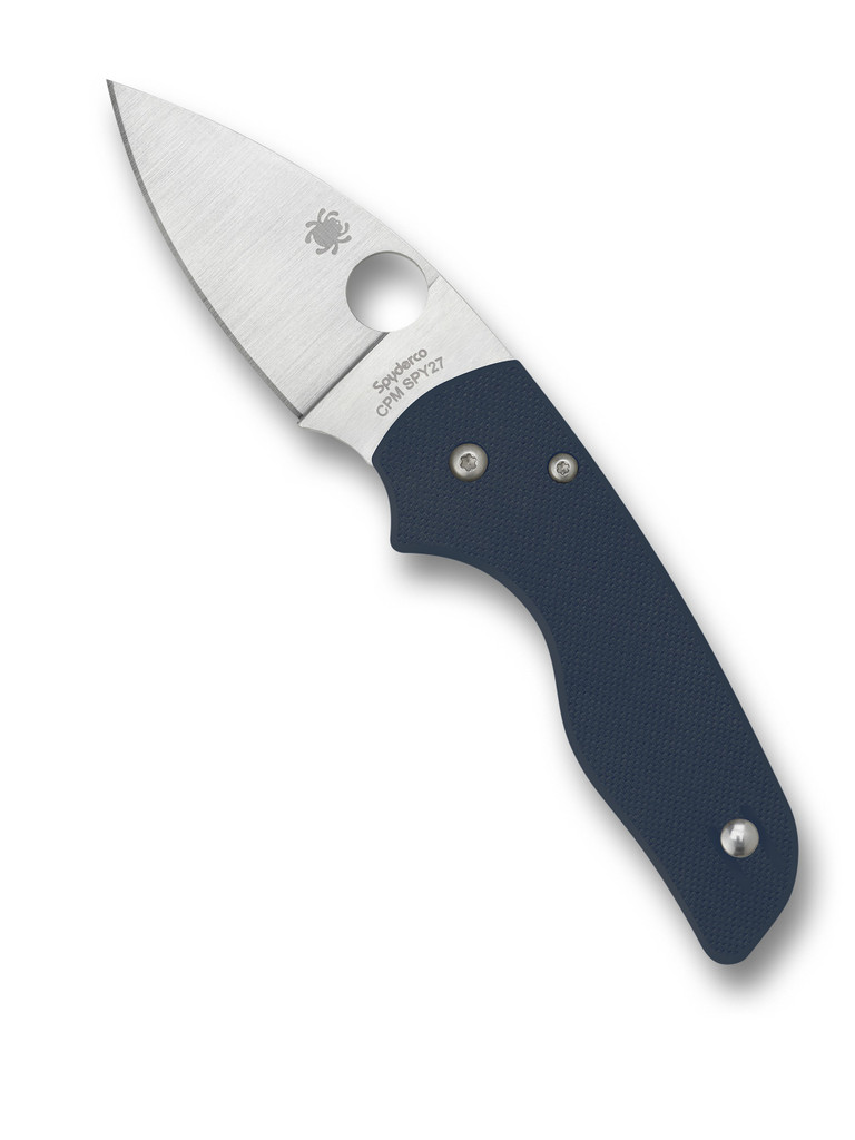 Spyderco Lil' Native folding knife with thumb hole - shown open presentation side.  Satin SPY27 stainless steel plain edge blade.  Blue G-10 handle.  Model C230GPCBL.