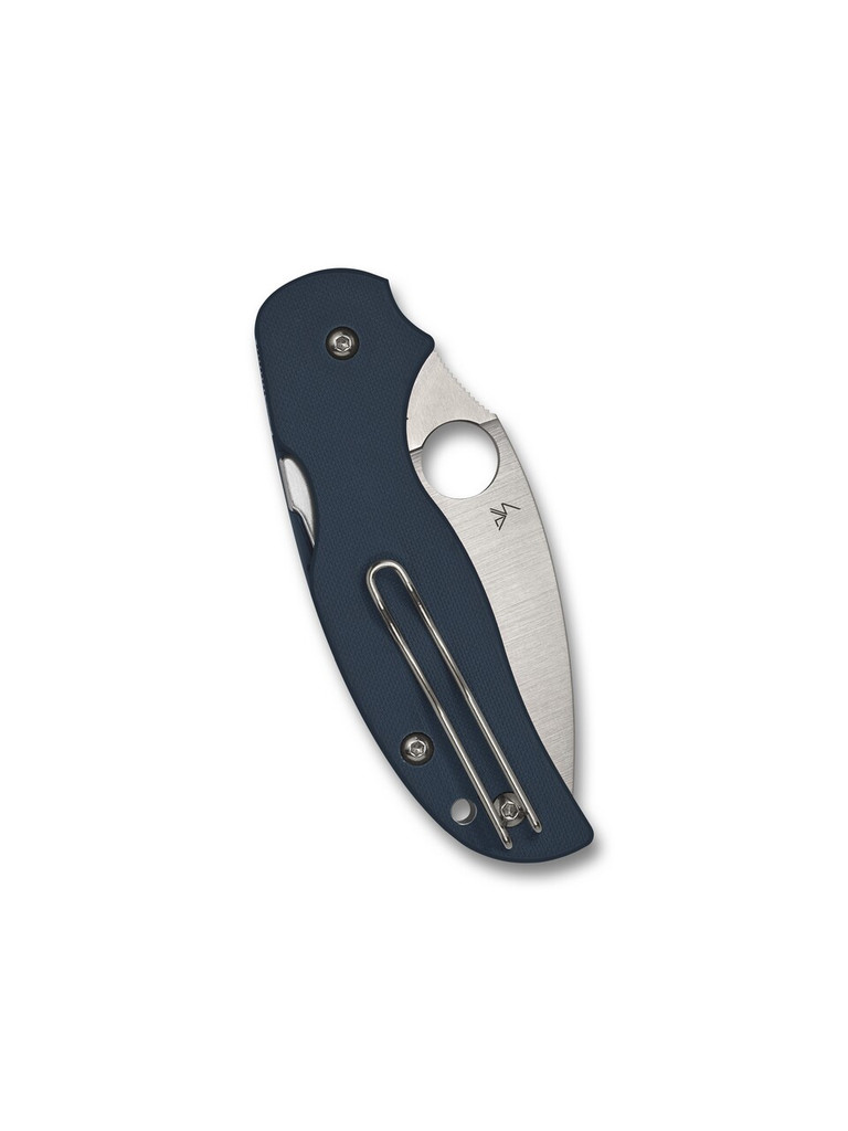 Spyderco Sage 5 folding knife with thumb hole - shown closed pocket clip side.  Satin SPY27 stainless steel plain edge blade.  Blue G-10 handle.  Model C123GBCBL.