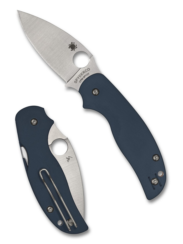 Spyderco Sage 5 folding knife with thumb hole - shown open presentation side and closed pocket clip side.  Satin SPY27 stainless steel plain edge blade.  Blue G-10 handle.  Model C123GBCBL.