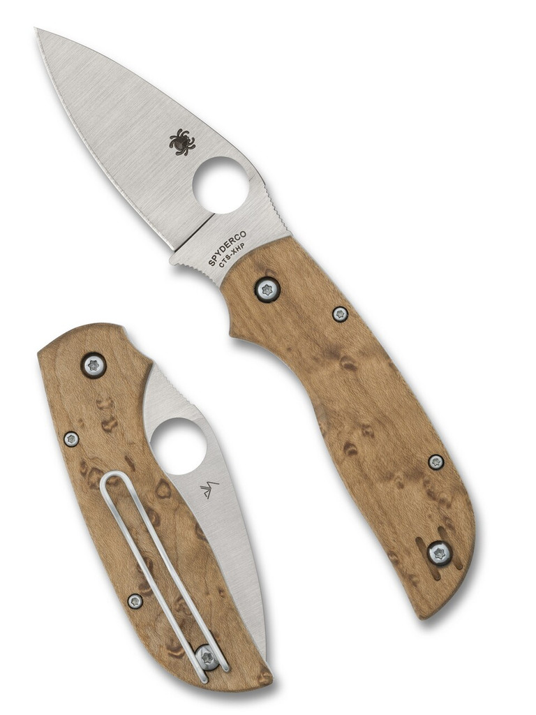 Spyderco Chaparral Slipit  folding knife with thumb hole - shown open presentation side and closed pocket clip side.  Satin CTS-XHP stainless steel plain edge blade. Birdseye Maple wood handle.  Model C152NLWDP.