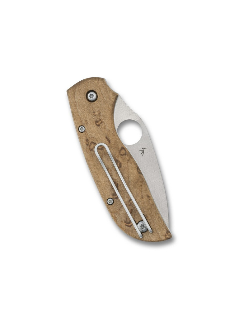 Spyderco Chaparral Slipit folding knife with thumb hole - shown closed pocket clip side.  Satin CTS-XHP stainless steel plain edge blade. Birdseye Maple wood handle.  Model C152NLWDP.