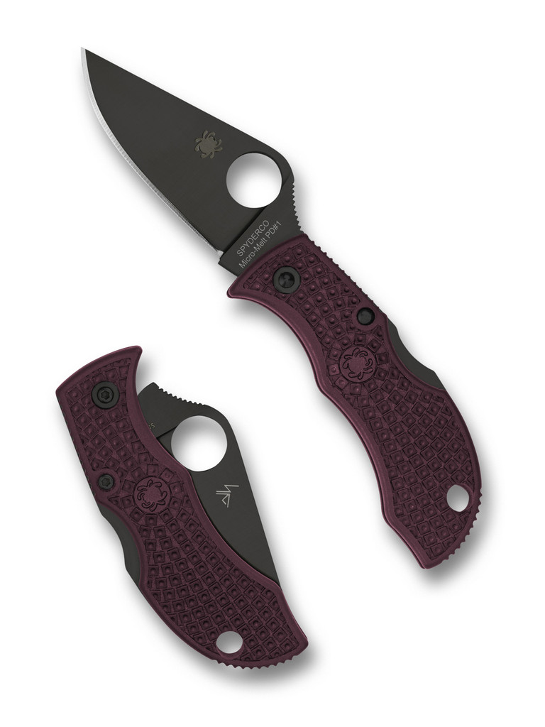 Spyderco Sprint Run Manbug folding knife with thumb hole - shown open obverse and closed reverse.  Black PD#1 steel plain edge blade.  Burgundy FRN handle.  Model MBBGBKP.