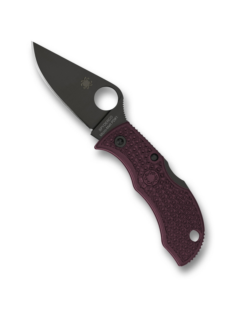 Spyderco Sprint Run Manbug folding knife with thumb hole - shown open obverse.  Black PD#1 steel plain edge blade.  Burgundy FRN handle.  Model MBBGBKP.