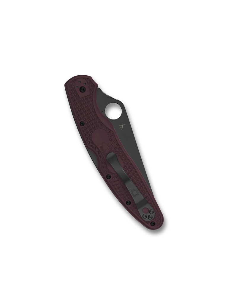 Spyderco Police 4 Sprint Run folding knife with thumb hole - shown closed pocket clip side.  Black PD#1 steel plain edge blade.  Burgundy FRN handle.  Model C07BGBKP4.
For reference only.