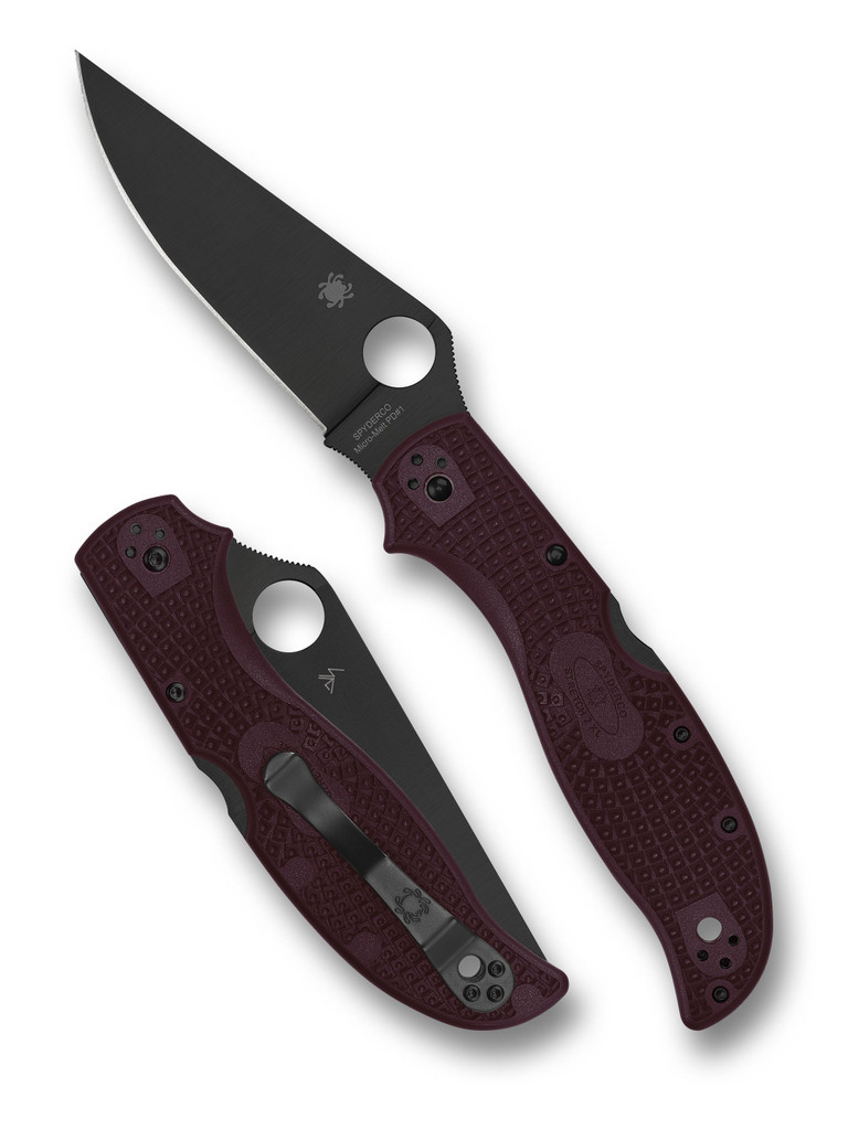 Spyderco Stretch 2 XL Sprint Run folding knife with thumb hole - shown open presentation side and closed pocket clip side.  Black PD#1 steel plain edge blade.  Burgundy FRN handle.  Model C258BGBKP.