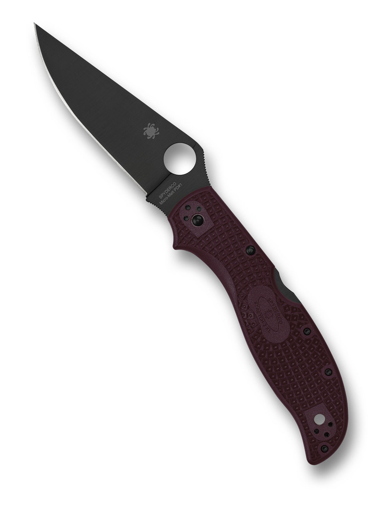Spyderco Stretch 2 XL Sprint Run folding knife with thumb hole - shown open presentation side.  Black PD#1 steel plain edge blade.  Burgundy FRN handle.  Model C258BGBKP.